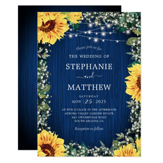 Navy Blue Sunflower Lights Rustic Wedding Invitation 7499