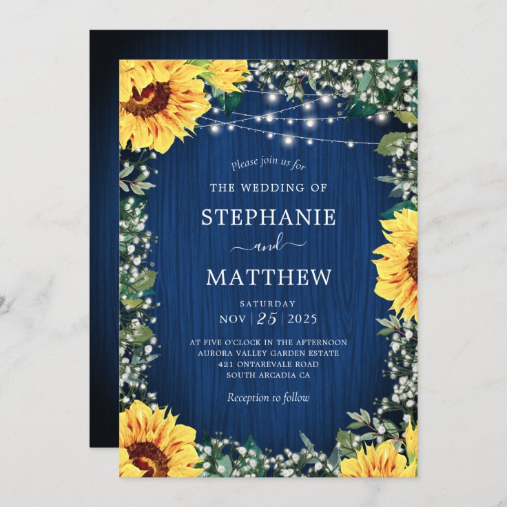 Navy Blue Sunflower Lights Rustic Wedding Invitation | Zazzle