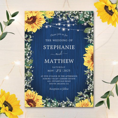 Navy Blue Sunflower Lights Rustic Wedding Invitation