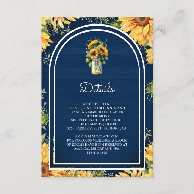 Navy Blue Sunflower Mason Jar Arch Wedding Details Enclosure Card (Front)