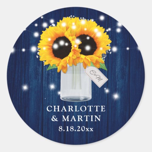 Navy Blue Sunflower Mason Jar Monogram Wedding Classic Round Sticker