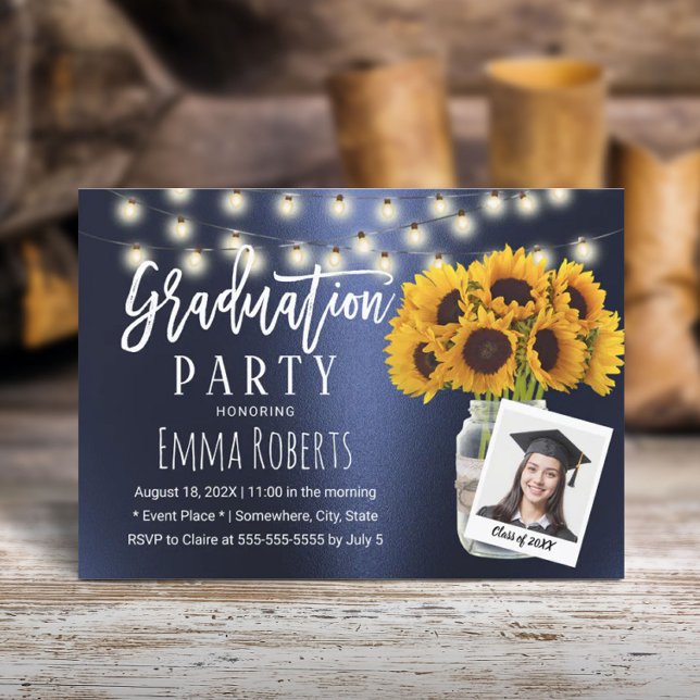 Navy Blue Sunflower Mason Jar Photo Graduation Invitation (Creator Uploaded)