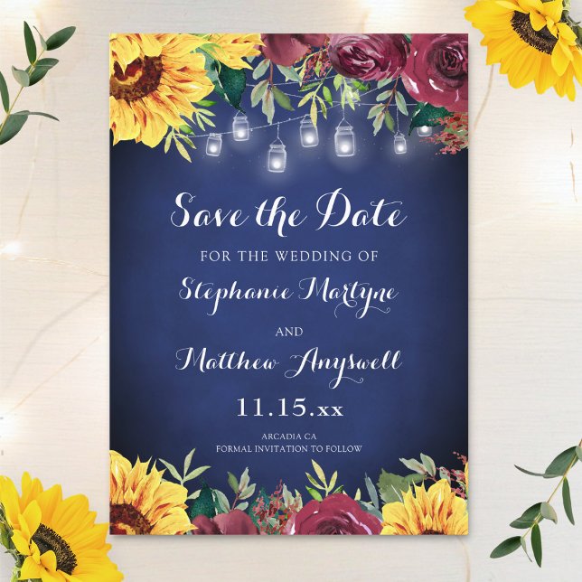 Navy Blue Sunflower Mason Jar Wedding Save The Date (Creator Uploaded)