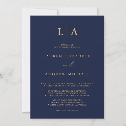 Navy Blue Sunflower Monogram Minimalist Wedding Invitation