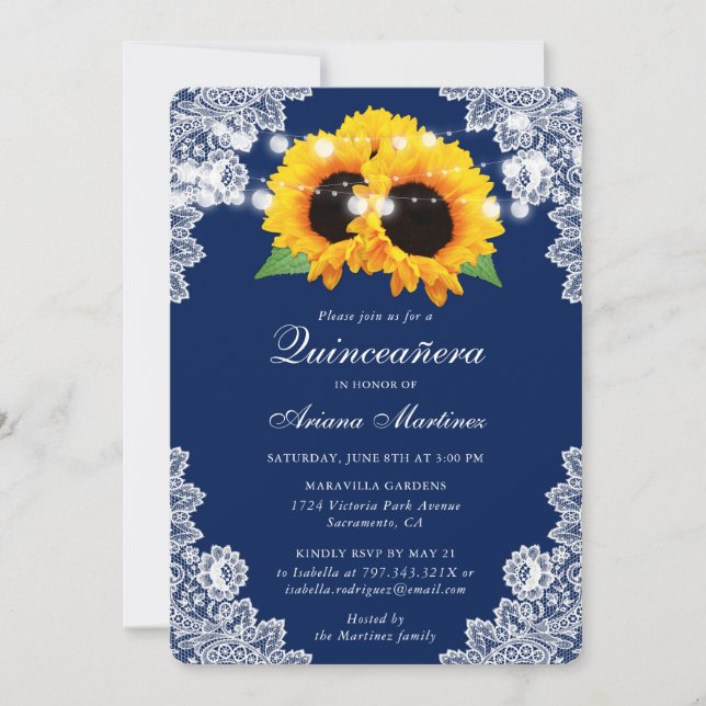 Navy Blue Sunflower Quinceañera Invitation (Front)