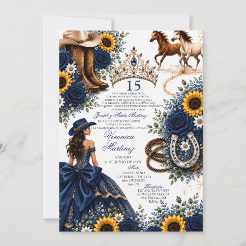 Navy Blue Sunflower Rose Vaquera Quinceañera Invit Invitation