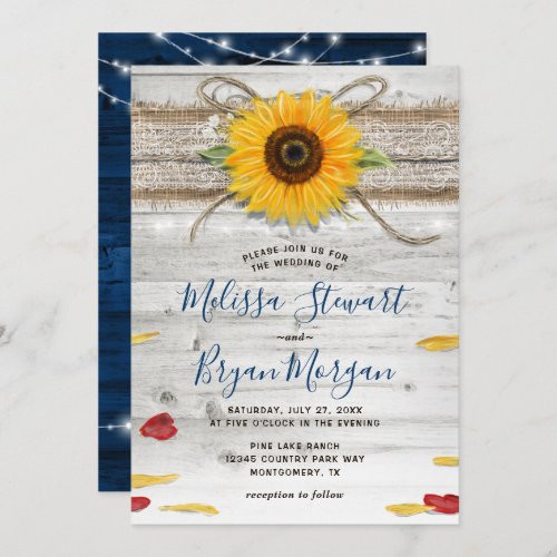 Navy Blue Sunflower Rose Wood Lace Rustic Wedding Invitation