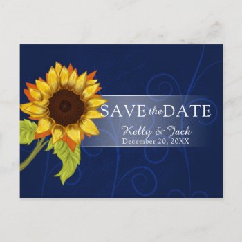 Navy Blue Sunflower/rsvp Wedding Postcard by chandraws at Zazzle