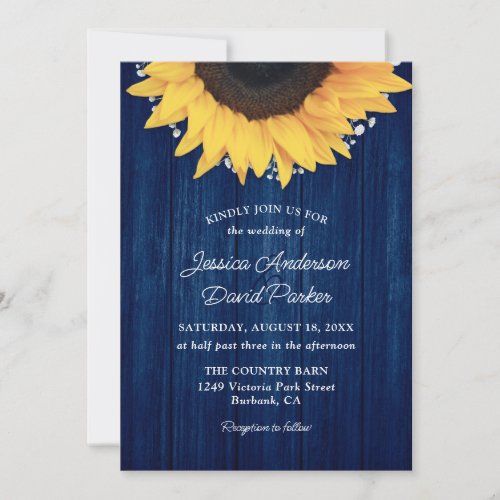 Navy Blue Sunflower Rustic Barn Wood Wedding Invitation