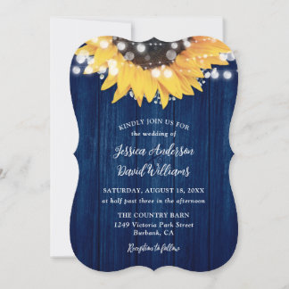 Navy Blue Sunflower Rustic Barn Wood Wedding Invitation