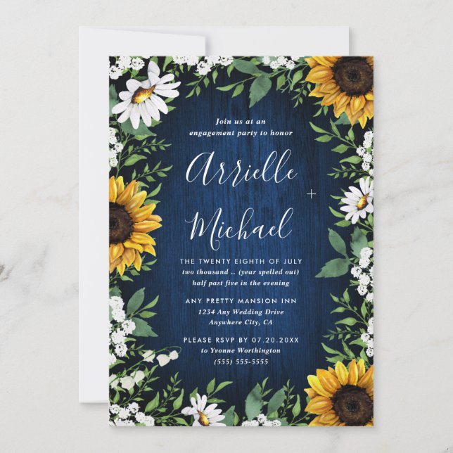 Navy Blue Sunflower Rustic Boho Engagement Party Invitation (Front)