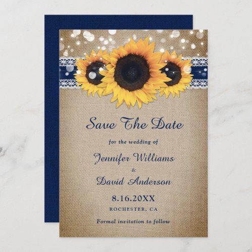 Navy Blue Sunflower Rustic Burlap Lace Wedding Save The Date