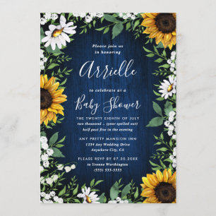 Navy Blue Sunflower Rustic Country Baby Shower Invitation