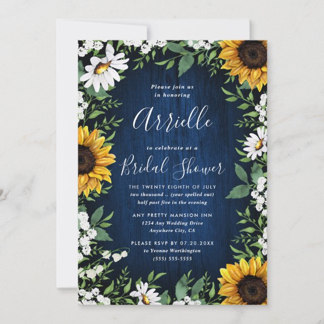 Navy Blue Sunflower Rustic Country Bridal Shower Invitation (Front)