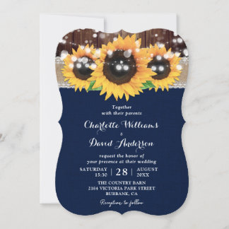 Navy Blue Sunflower Rustic Country Wood Wedding Invitation