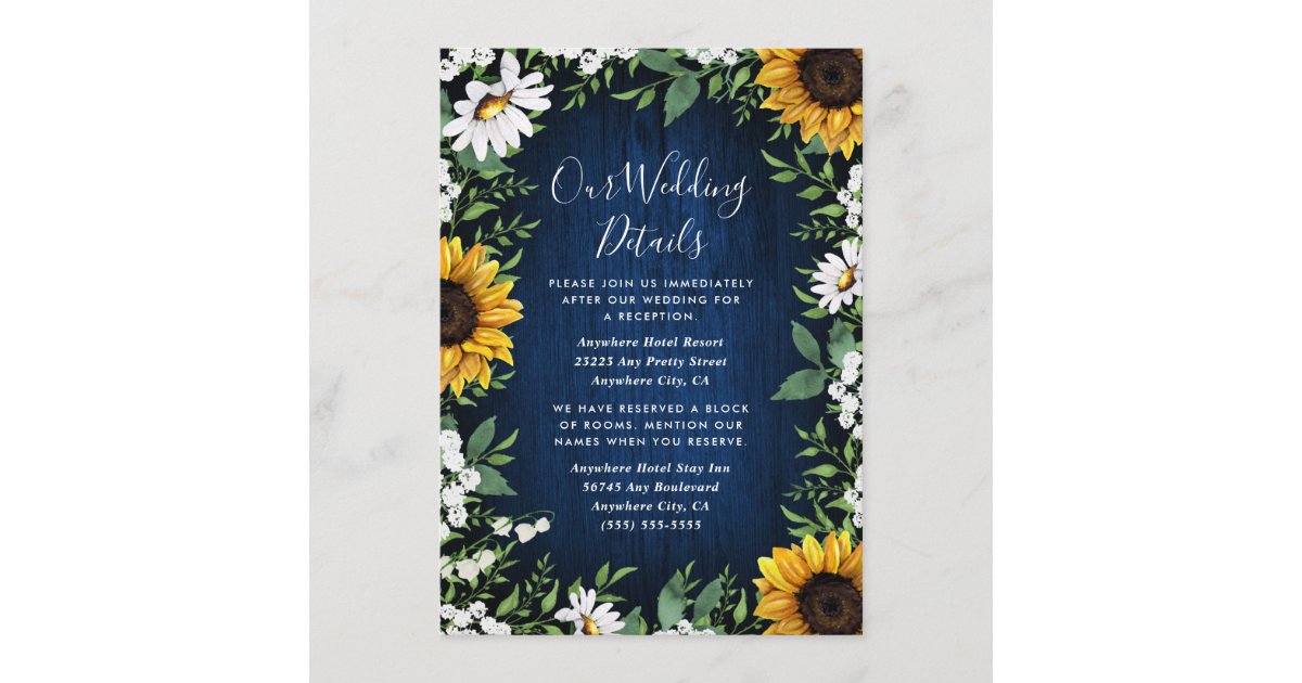 Navy Blue Sunflower Rustic Wedding Enclosure Card | Zazzle