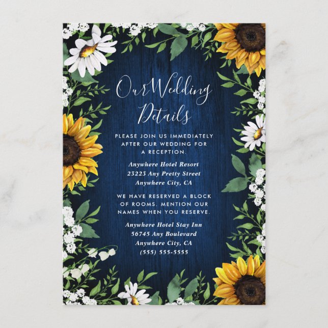Navy Blue Sunflower Rustic Wedding Enclosure Card (Front)