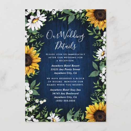Navy Blue Sunflower Rustic Wedding Enclosure Card