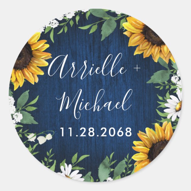 Navy Blue Sunflower Rustic Wedding Favor Classic Round Sticker (Front)