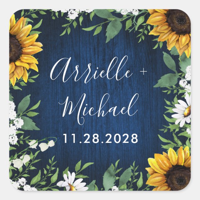 Navy Blue Sunflower Rustic Wedding Favors Stickers (Front)