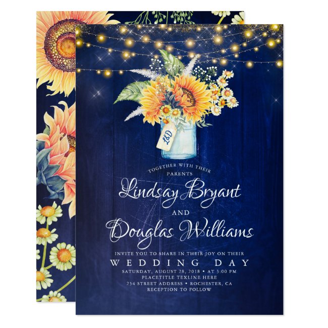 Navy Blue Sunflower Rustic Wedding Invitations