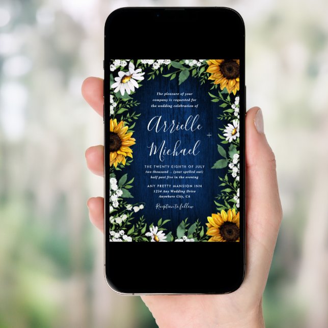 Navy Blue Sunflower Rustic Wedding Invitations (Front Digital)