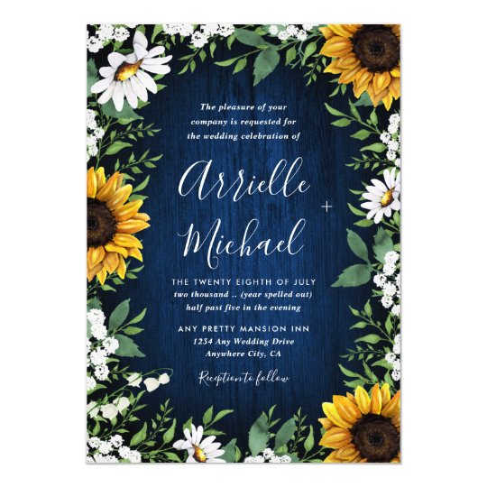 Navy Blue Sunflower Rustic Wedding Invitations | Zazzle.com