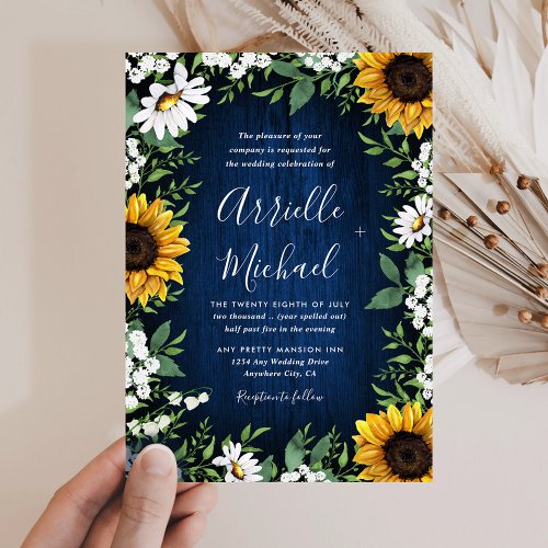 Navy Blue Sunflower Rustic Wedding Invitations