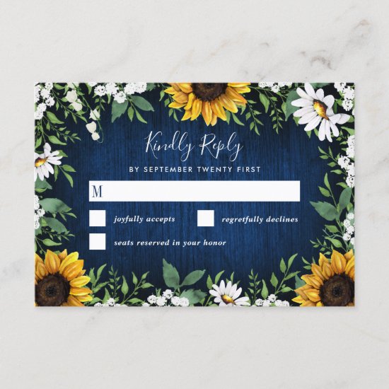 Navy Blue Sunflower Rustic Wedding RSVP Cards