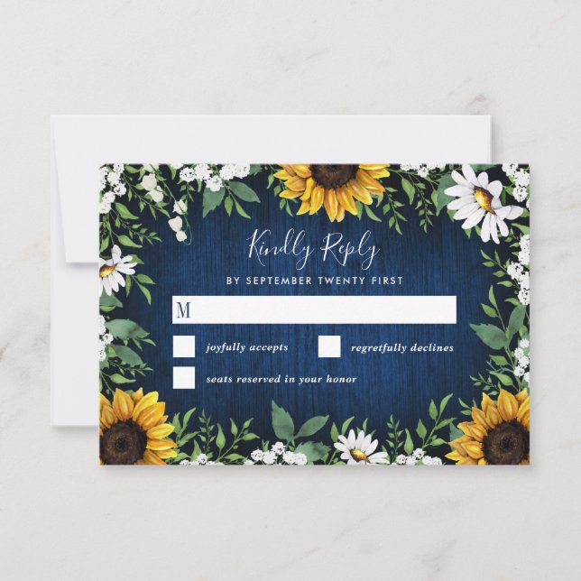 Navy Blue Sunflower Rustic Wedding RSVP Cards (Front)