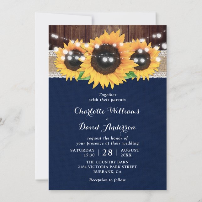 Navy Blue Sunflower Rustic Wood Burlap Wedding Invitation (Front)