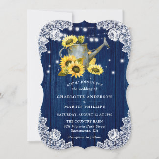 Navy Blue Sunflower Rustic Wood Lace Wedding Invitation