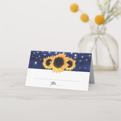 Navy Blue Sunflower Rustic Wood Lights Wedding Place Card