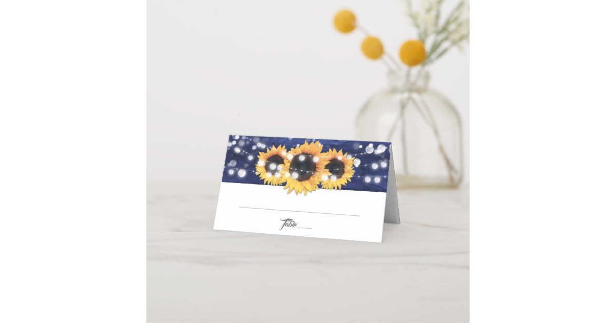 Navy Blue Sunflower Rustic Wood Lights Wedding Place Card | Zazzle