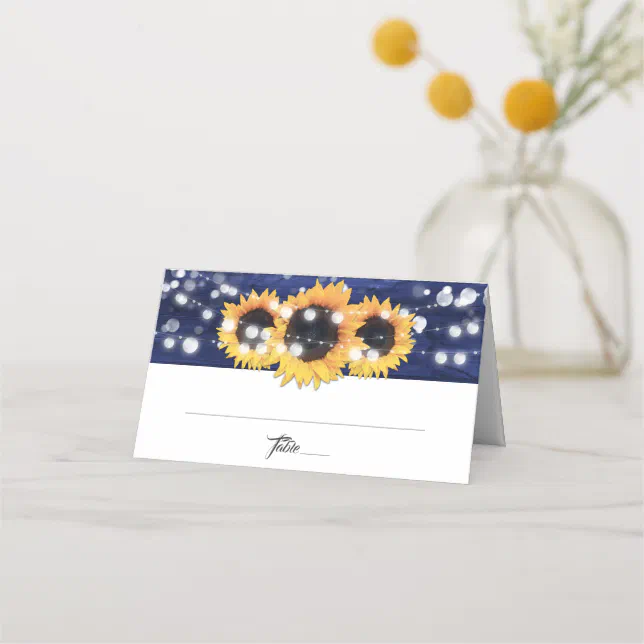 Navy Blue Sunflower Rustic Wood Lights Wedding Place Card | Zazzle