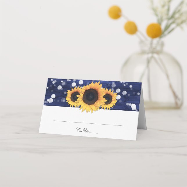 Navy Blue Sunflower Rustic Wood Lights Wedding Place Card (Front)