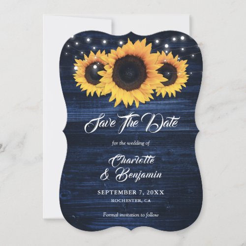 Navy Blue Sunflower Rustic Wood String Lights Save The Date