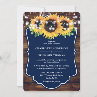 Navy Blue Sunflower Rustic Wood Wedding Invitation