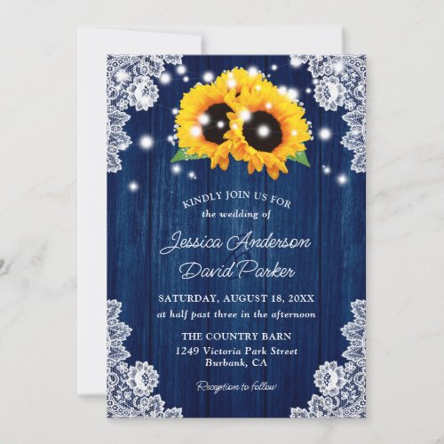 Navy Blue Sunflower Rustic Wood Wedding Invitation