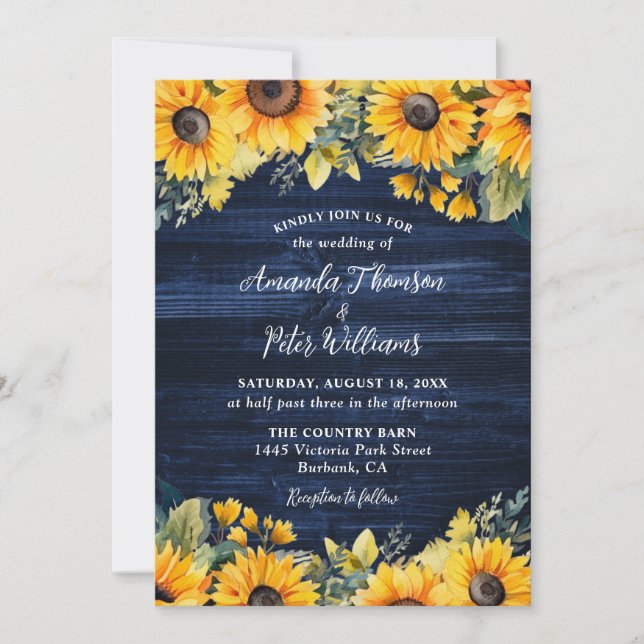 Navy Blue Sunflower Rustic Wood Wedding Invitation (Front)