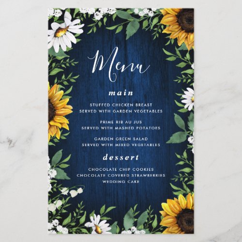 Navy Blue Sunflower Rustic Wood Wedding Menu Cards