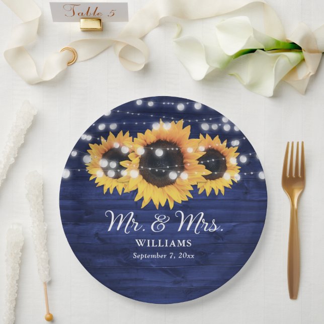 Navy Blue Sunflower Rustic Wood Wedding Paper Plates (Wedding)