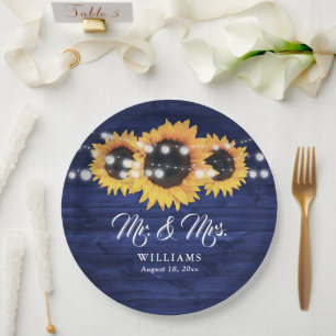 Navy Blue Sunflower Rustic Wood Wedding Paper Plates