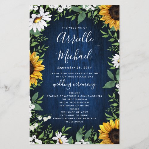 Navy Blue Sunflower Rustic Wood Wedding Programs