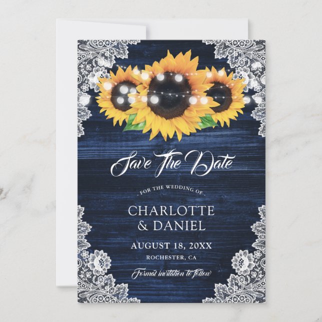 Navy Blue Sunflower Save The Date Cards (Front)