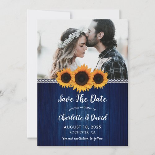 Navy Blue Sunflower Save The Date Photo Cards