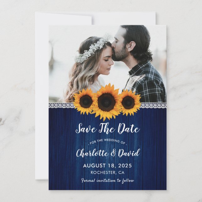 Navy Blue Sunflower Save The Date Photo Cards (Front)
