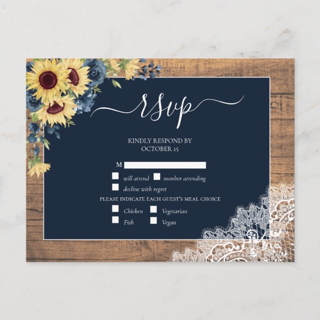 Navy Blue Sunflower Script Lace Wood Wedding RSVP Invitation Postcard (Front)