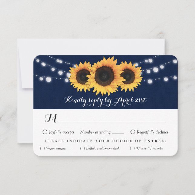 Navy Blue Sunflower String Lights Meal Choice RSVP Card (Front)