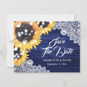 Navy Blue Sunflower String Lights Wood Wedding Announcement